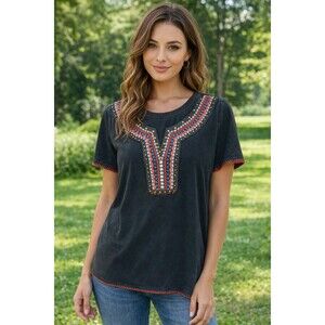Delila Texas Black Boho Embroidered Top Womens L Studded Embellished Artisan